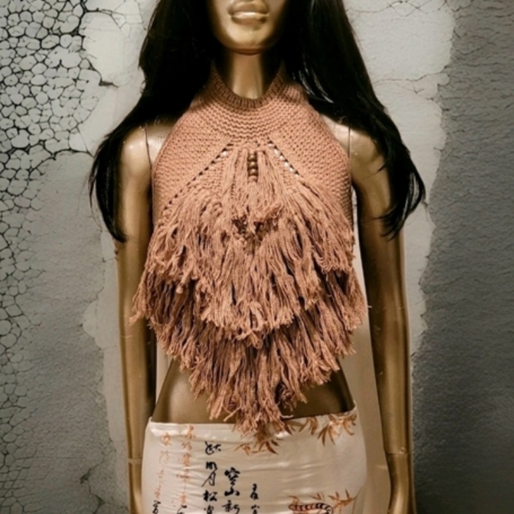 NWT Sexy Boho Crochet Choker Fringe Knit Rave Ibiza Festival Backless Crop Top